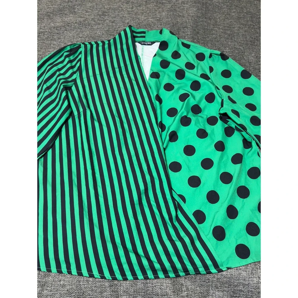 ChicMe Women's 2XL Blouse‎ Green Black Polka Dot Striped Long Sleeve V-Neck